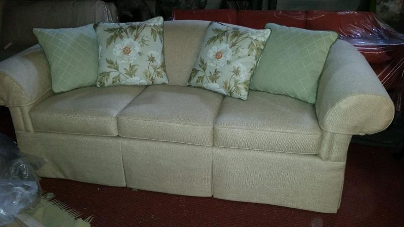 Sofa in linen with contrast piping — upholstered by M&M Upholstery, Dallas