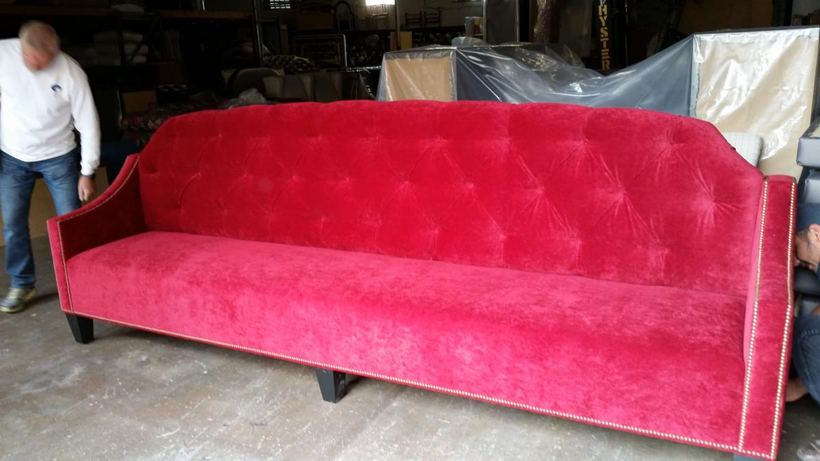 Tufted sofa in magenta velvet — upholstered by M&M Upholstery, Dallas