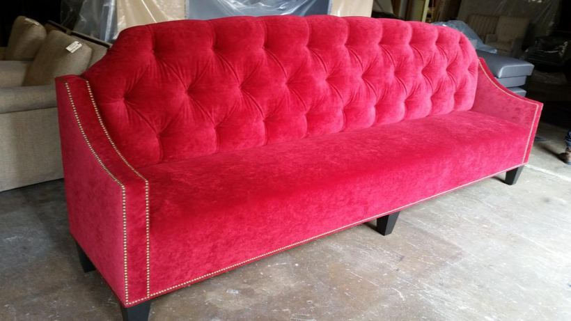 Tufted sofa, front three-quarter — upholstered by M&M Upholstery, Dallas