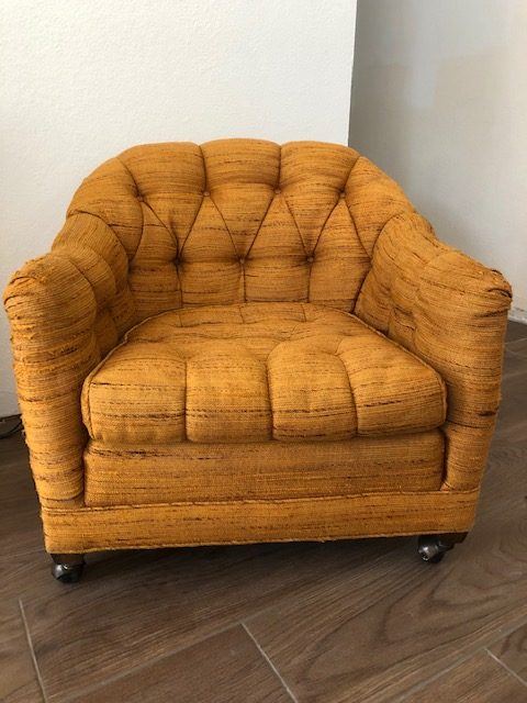 Barrel chair in gold velvet — upholstered by M&M Upholstery, Dallas