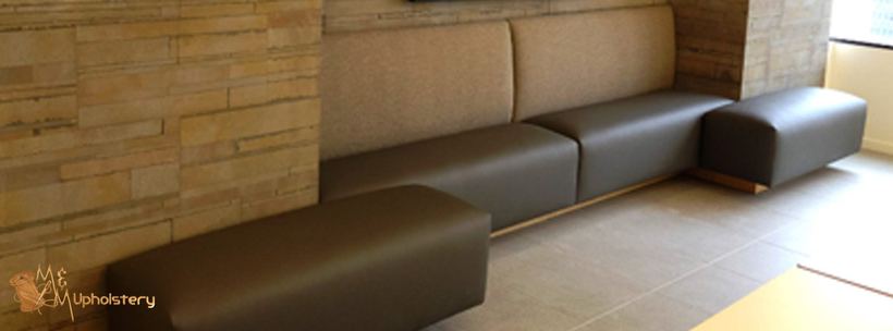 Banquette run against brick — upholstered by M&M Upholstery, Dallas