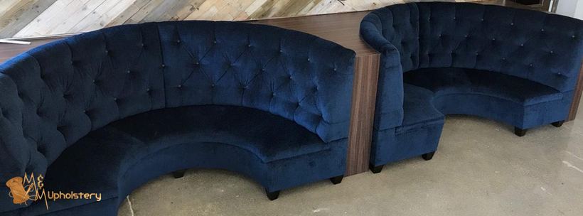 Tufted sofa in raspberry — upholstered by M&M Upholstery, Dallas