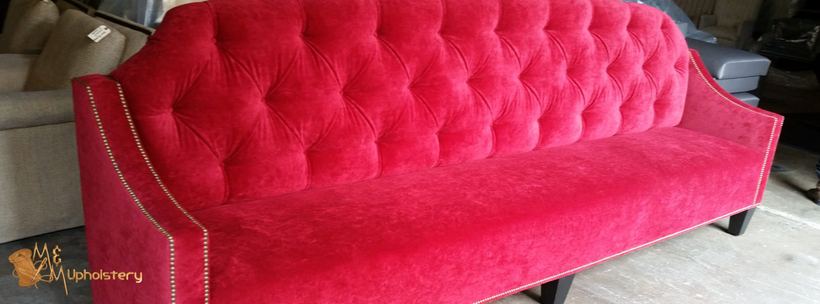 Sofa in sage with scatter cushions — upholstered by M&M Upholstery, Dallas