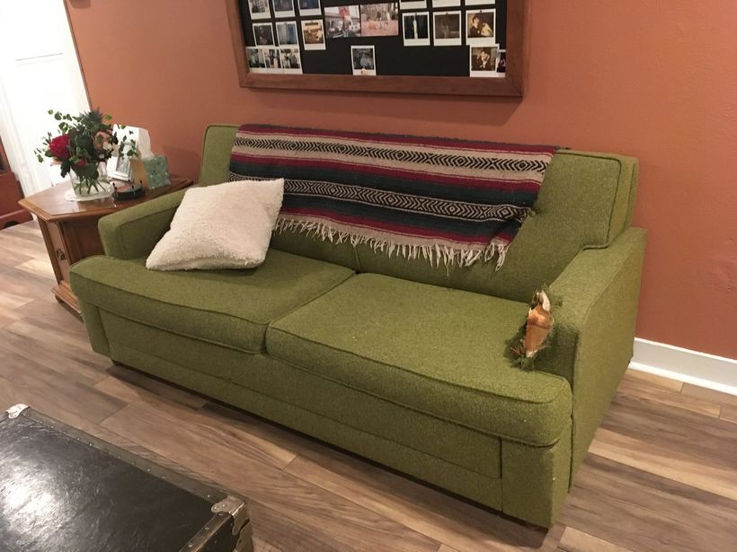 Sofa in olive with block feet — upholstered by M&M Upholstery, Dallas