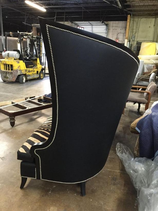 High-back lounge chair in two tones — upholstered by M&M Upholstery, Dallas