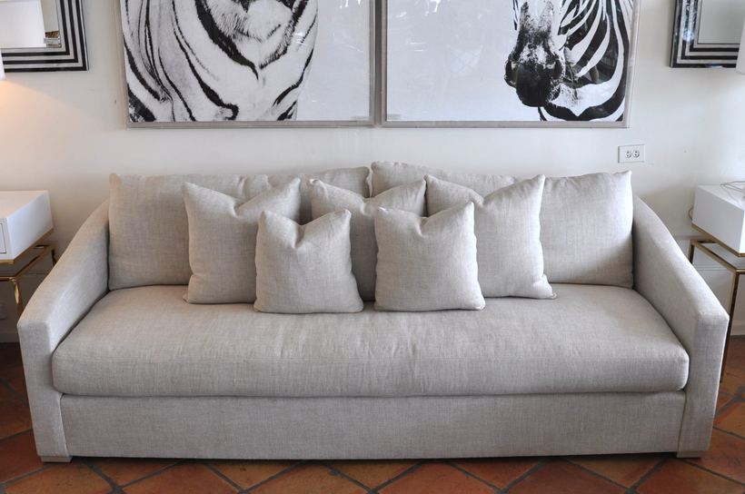 Sofa in ivory with feather cushions — upholstered by M&M Upholstery, Dallas