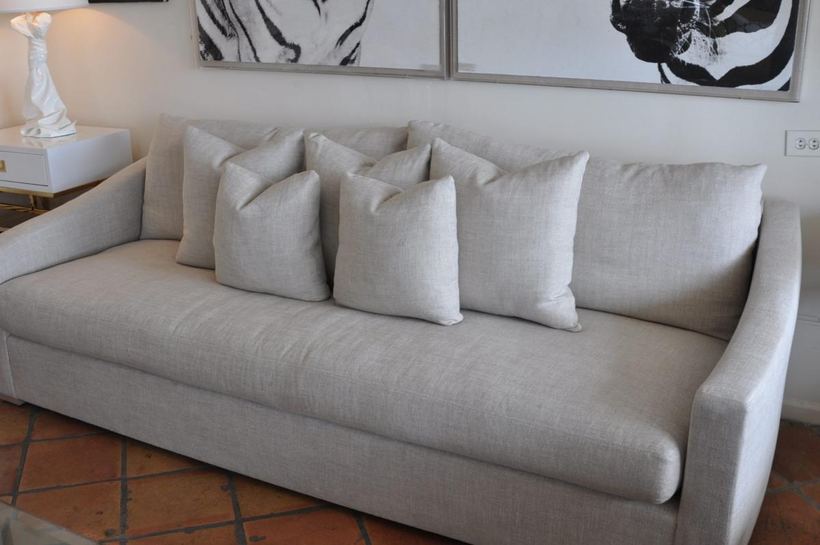 Long sofa in ivory — upholstered by M&M Upholstery, Dallas