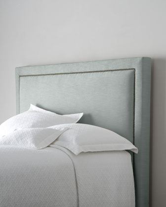 Headboard in pale grey — upholstered by M&M Upholstery, Dallas