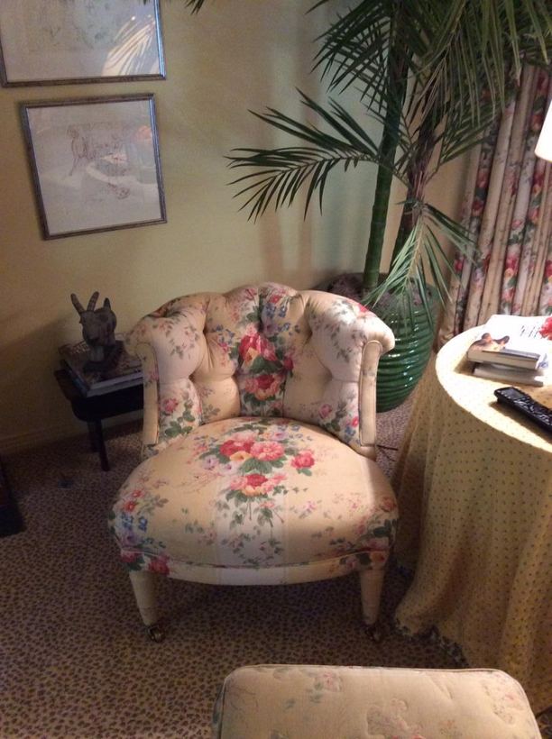 Floral wing chair and ottoman — upholstered by M&M Upholstery, Dallas