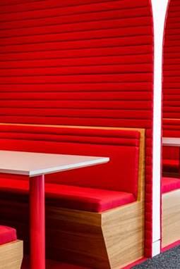 Diner booth in red vinyl — upholstered by M&M Upholstery, Dallas