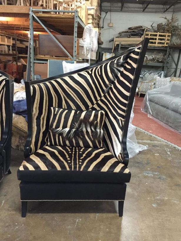 Zebra-print chair with black trim — upholstered by M&M Upholstery, Dallas