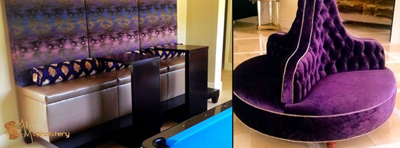 Velvet seating in a bar interior — upholstered by M&M Upholstery, Dallas