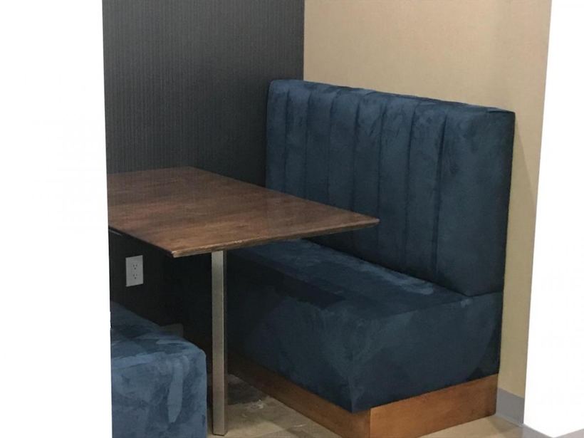 Restaurant booth in teal with timber table — upholstered by M&M Upholstery, Dallas
