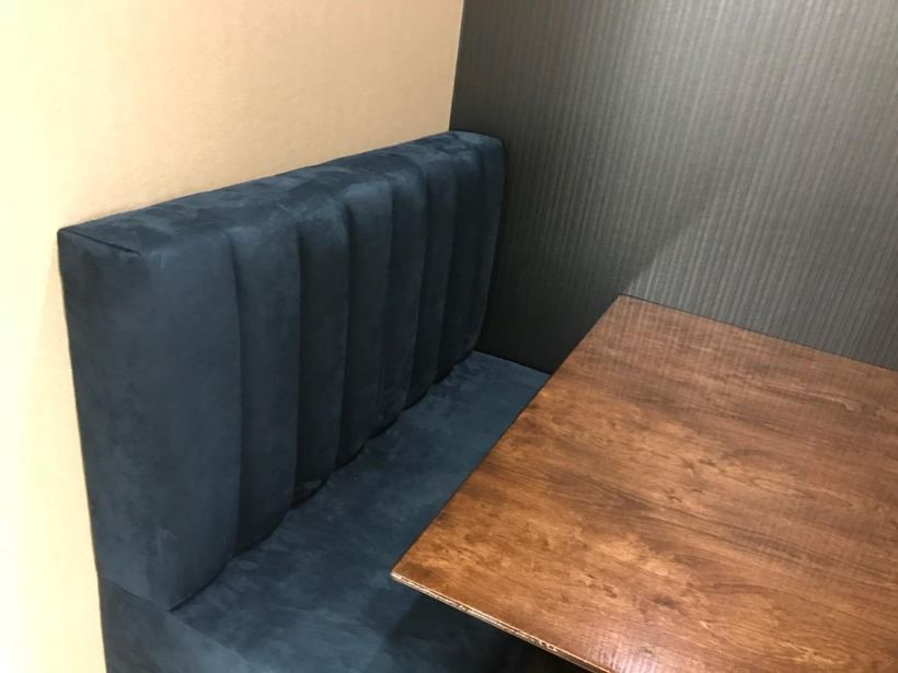 Booth and table, side elevation — upholstered by M&M Upholstery, Dallas