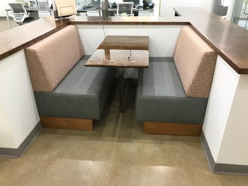 Restaurant booths in tan and grey — upholstered by M&M Upholstery, Dallas
