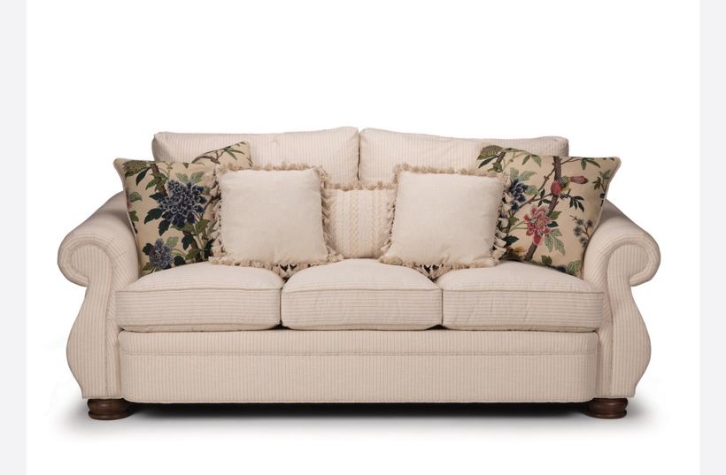 Rolled-arm sofa in oatmeal — upholstered by M&M Upholstery, Dallas