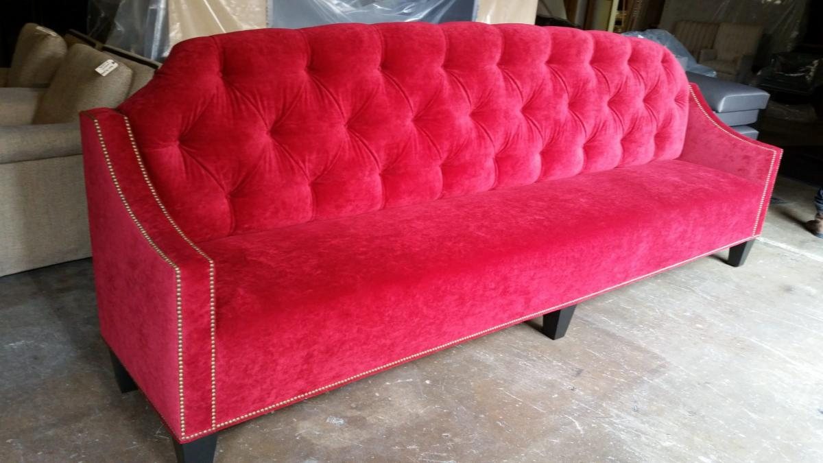 Deep-buttoned sofa reupholstered in magenta velvet with nailhead trim, by M&M Upholstery, Dallas